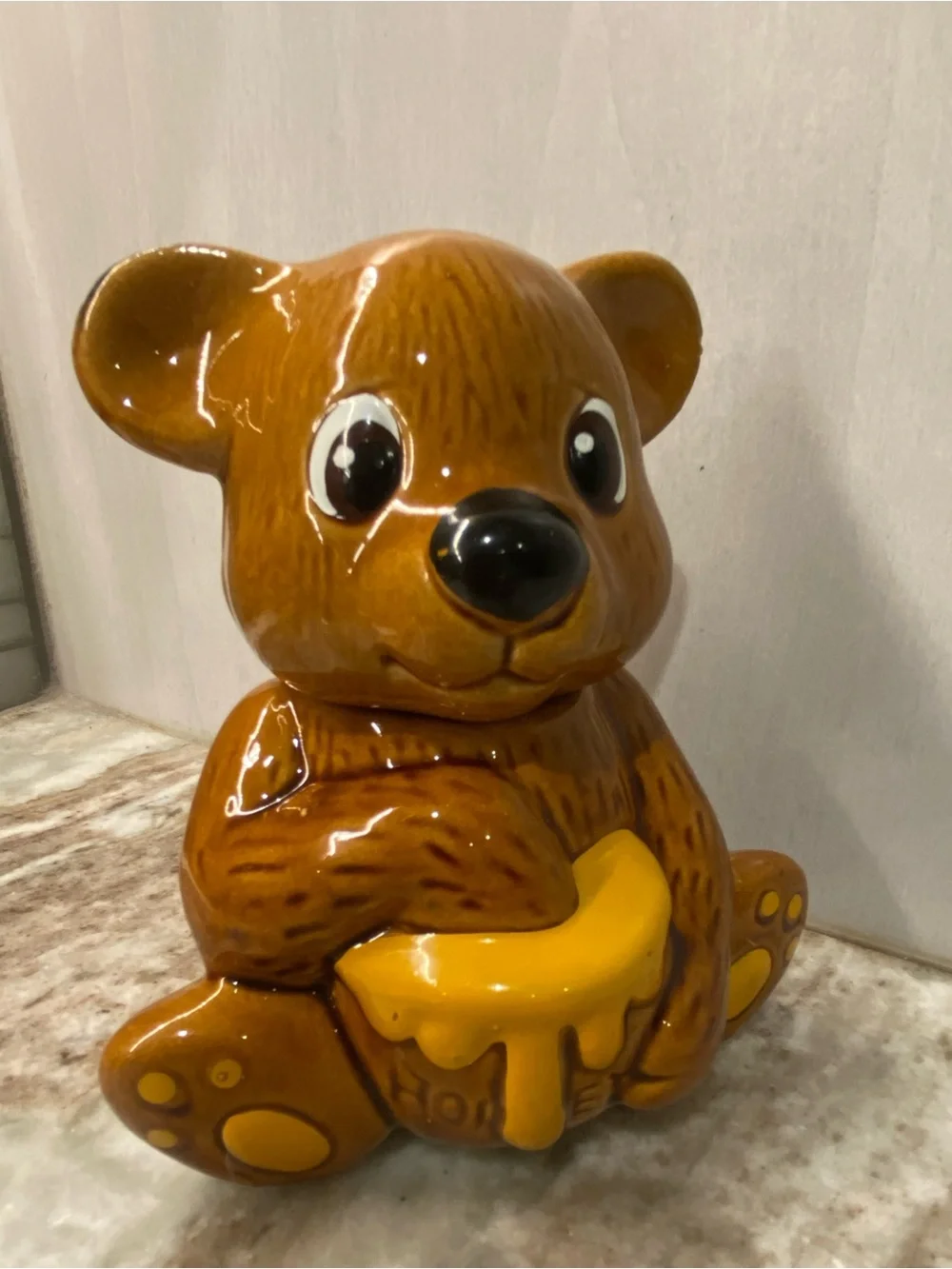 Vintage 1982 Houston Foods Ceramic Teddy Bear Honey Pot Jar with Dipper - Unused